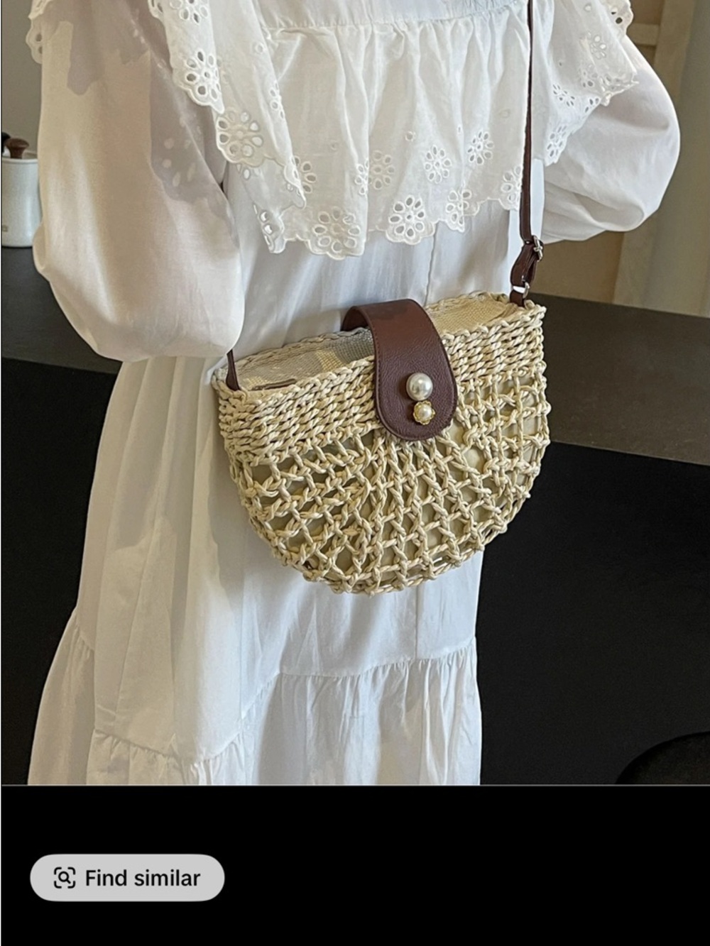 Woven Straw Crossbody Bag with Brown Leather Trim - Picture 3 of 4